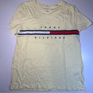 Tommy Hilfiger Women's Medium Relaxed Fit Light Yellow Tee with Logo Stripe
